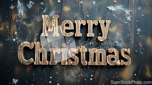Image of Wooden Shou Sugi Ban Merry Christmas concept creative horizontal art poster.