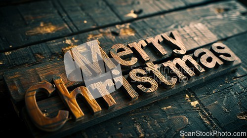 Image of Wooden Teak Merry Christmas concept creative horizontal art poster.