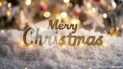 Image of White Gold Merry Christmas concept creative horizontal art poster.