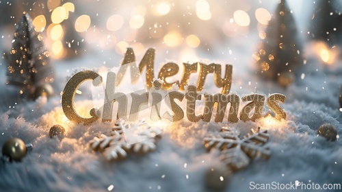 Image of White Gold Merry Christmas concept creative horizontal art poster.