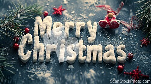 Image of White Glossy Surface Merry Christmas concept creative horizontal art poster.