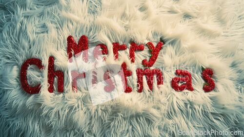 Image of White Fur Merry Christmas concept creative horizontal art poster.