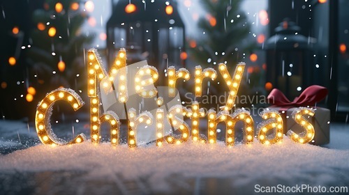 Image of White LED Merry Christmas concept creative horizontal art poster.