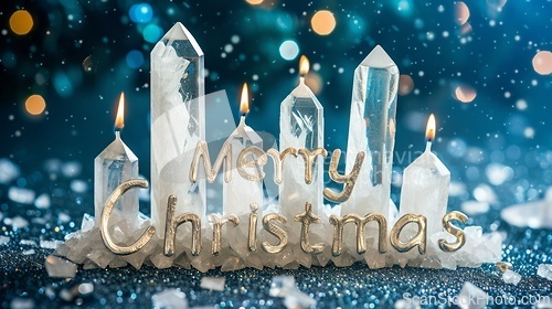 Image of White Quartz Crystal Merry Christmas concept creative horizontal art poster.