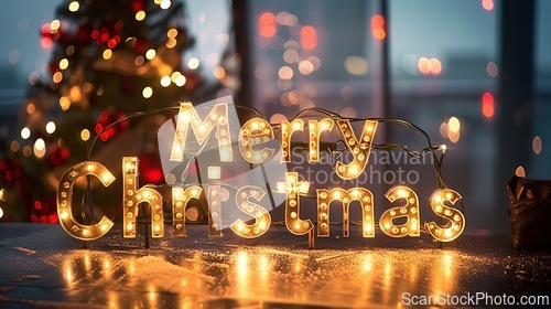 Image of Task Lighting Merry Christmas concept creative horizontal art poster.