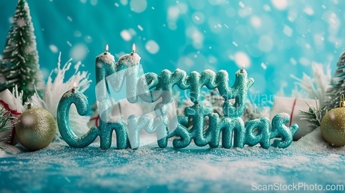 Image of Turquoise Crystal Merry Christmas concept creative horizontal art poster.