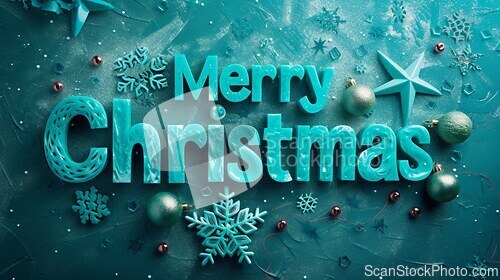 Image of Turquoise Crystal Merry Christmas concept creative horizontal art poster.