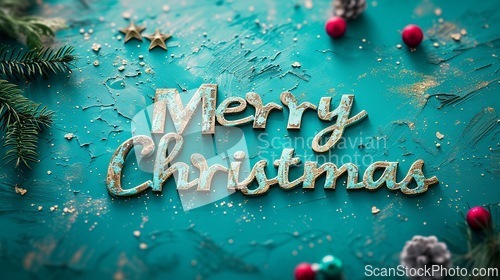 Image of Turquoise Crystal Merry Christmas concept creative horizontal art poster.