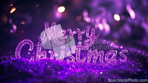 Image of Violet LED Merry Christmas concept creative horizontal art poster.