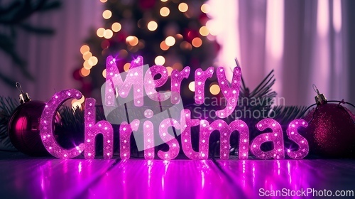 Image of Violet LED Merry Christmas concept creative horizontal art poster.
