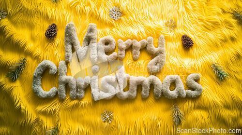 Image of Yellow Fur Merry Christmas concept creative horizontal art poster.