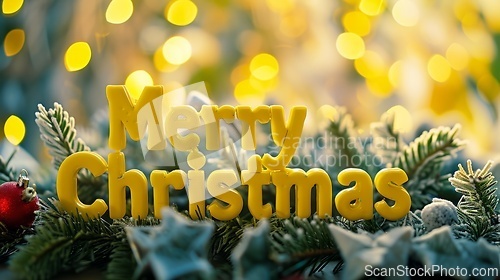 Image of Yellow Glossy Surface Merry Christmas concept creative horizontal art poster.