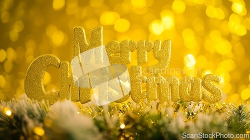Image of Yellow Glossy Surface Merry Christmas concept creative horizontal art poster.