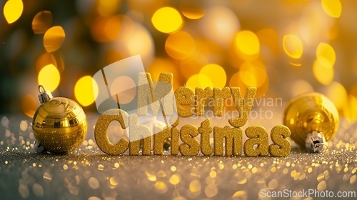 Image of Yellow Glossy Surface Merry Christmas concept creative horizontal art poster.