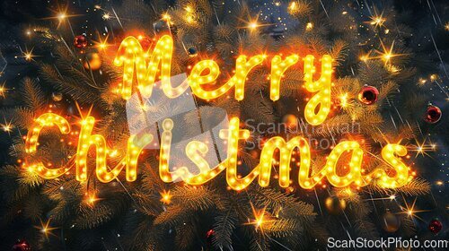Image of Yellow LED Merry Christmas concept creative horizontal art poster.