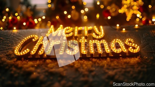 Image of Yellow LED Merry Christmas concept creative horizontal art poster.