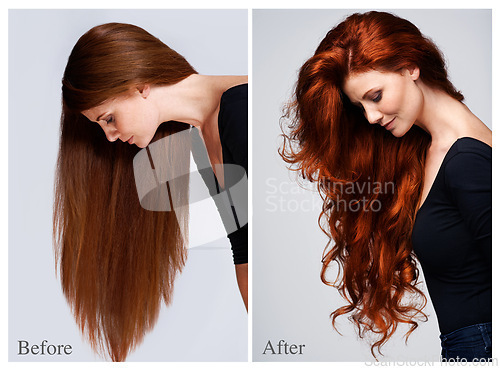 Image of Transformation, woman and hair before after in salon for hairstyle, keratin or collagen treatment. Redhead, female person and collage for change with cosmetics, healthy and shiny curls as transition