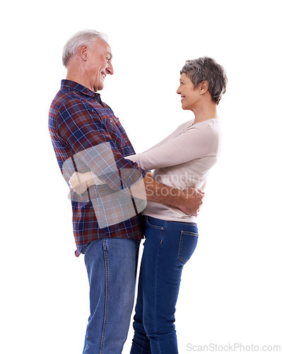 Image of Love, hug and senior couple on a white background for bonding, affection and loving relationship. Marriage, happy and mature man and woman embrace for commitment, trust and care in studio together