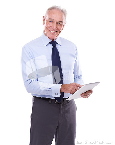 Image of Typing, portrait and senior man with tablet, business or consultant isolated on white studio background. Old person, mockup space or broker with technology or accountant with finance, app or trading