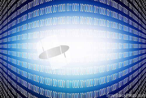 Image of Matrix, coding and numbers for data with graphic for futuristic technology with dark background. Software, neon and text for programming, cyber and information highway for virtual connectivity on web