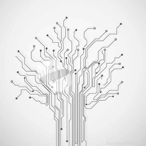 Image of Circuit, motherboard and tree for graphic on background with connection, networking or information technology. Data science, digital transformation and futuristic link for speed, iot or web highway