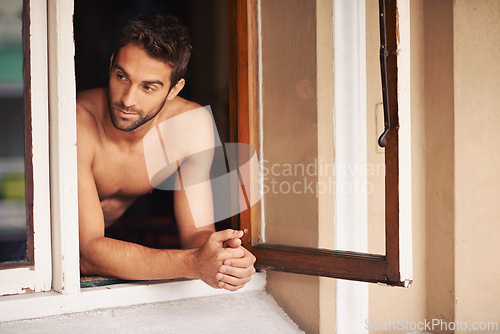 Image of Man, shirtless or window to relax, thinking or memory of break, idea or vision of dream summer home. Guy, tourist or planning of body, vacation or future of leisure, recreation or relaxation as rest