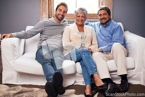 Image of Sofa, smile and portrait of family relax at home, apartment and house for love, bonding and affection. Elderly people, parents and man with mother, father or relatives in living room, lounge or couch