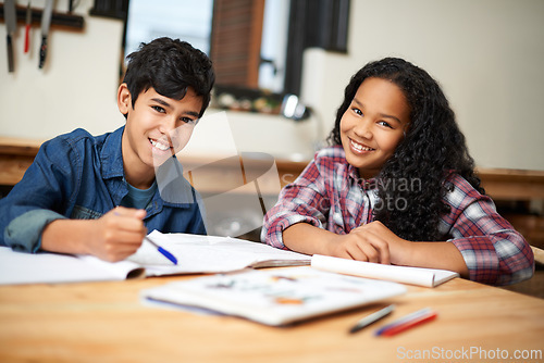Image of School students, friends and portrait with homework books in class together for assignment, teamwork or education. Teenagers, boy and girl at desk for creative writing, knowledge or brainstorming