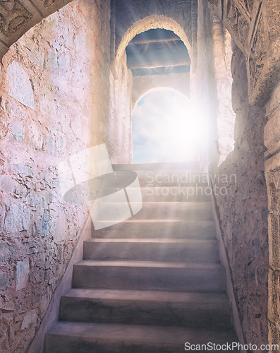 Image of Underground, staircase and light for guide to eternity or heaven for afterlife, salvation and paradise. Medieval, ancient and steps for spiritual journey or path, walkway and freedom to beyond.