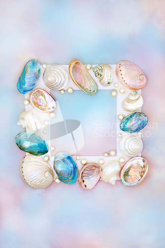 Image of Shell and Pearl Abstract Frame on Rainbow Sky