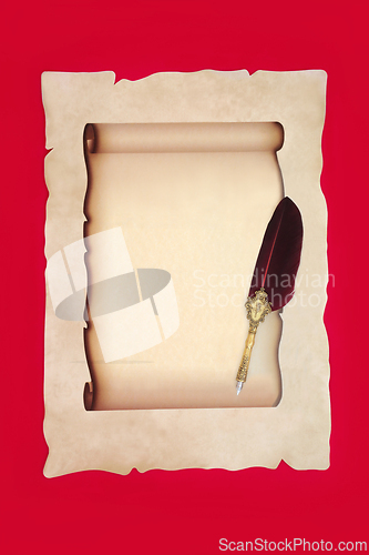 Image of Parchment Paper Scroll with Retro Brass Feather Quill Pen