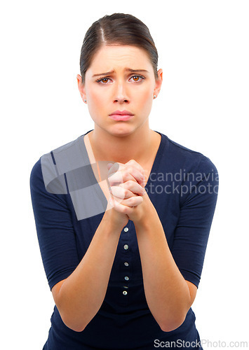 Image of Praying, hands or portrait of sad woman in studio with prayer for hope, help or solution on white background. Pray, worship or model with praise for stress, anxiety or support, grace or faith in God