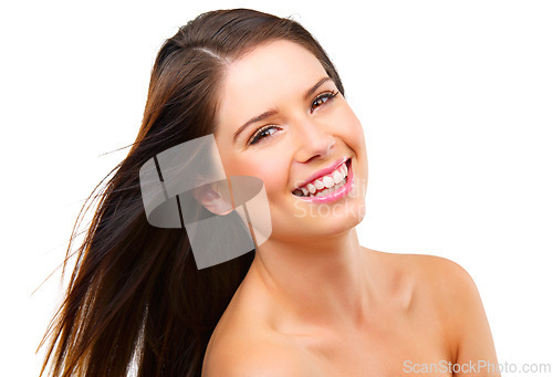 Image of Happy woman, portrait and hair with beauty, shine and keratin shampoo with cosmetic care on white background. Haircare, wellness and cosmetology for glow, self care and salon treatment in studio