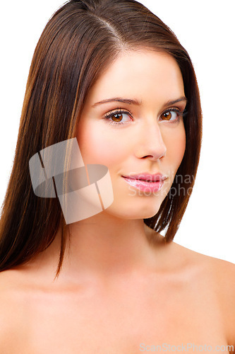 Image of Woman, portrait and hair with beauty, glow and smile for keratin shampoo with cosmetic care on white background. Haircare, wellness and cosmetology for shine, self care and salon treatment in studio