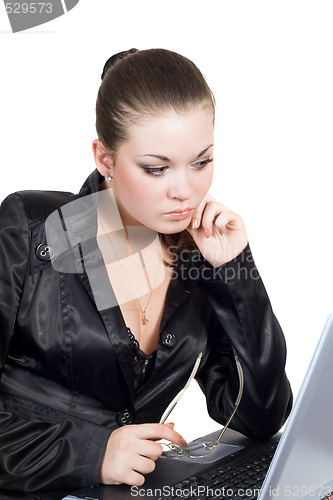 Image of Businesswoman with laptop. Isolated on a white