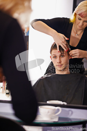 Image of Cut, styling and man in mirror with hairdresser for professional haircare, barbershop or luxury treatment. Grooming, hair and client at salon for care, haircut and small business with expert service