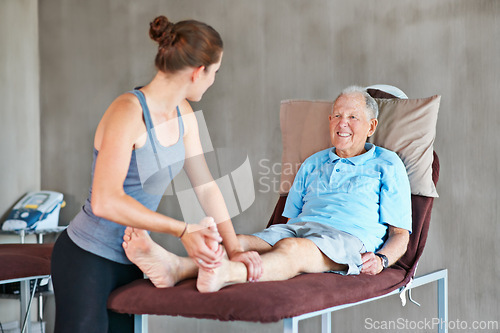 Image of Therapist, legs and elderly man with physical therapy exercise at rehabilitation center. Medical, help and physiotherapist with senior male patient with consultation for muscle injury at clinic.