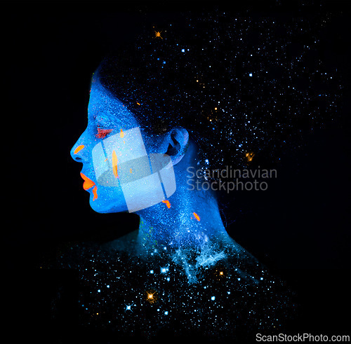 Image of Face, neon and psychedelic galaxy for creative, art and glitter with unique surreal glow. Person, science fiction and color with dream, rave and abstract uv illusion for mystical fluorescent trance