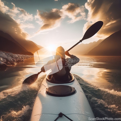 Image of man kayaking or canoeing on a lake