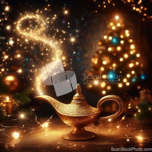 Image of magical genie lamp at christmas time