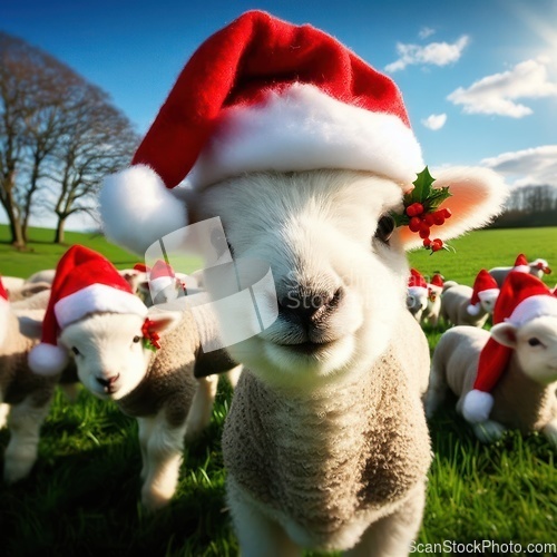 Image of lambs wearing santa hats at christmas generative ai