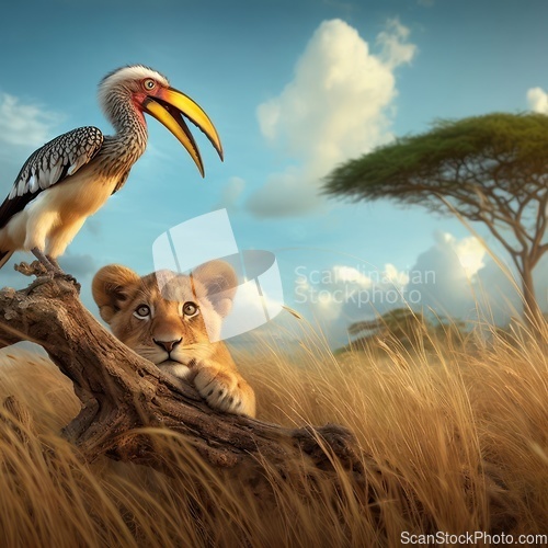Image of cute lion cub hunting a bird