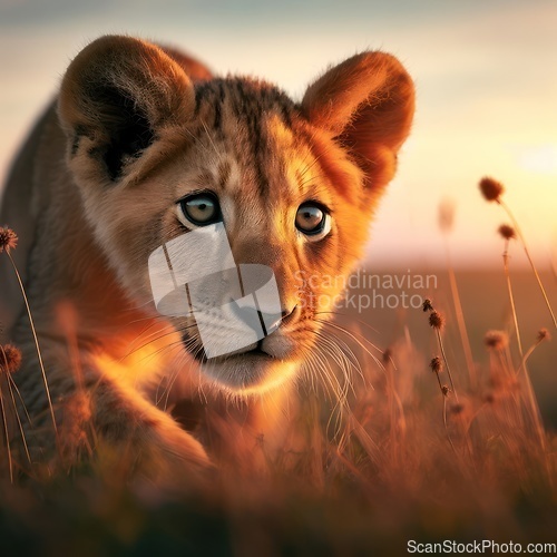 Image of cute lion cub prowling and stalking