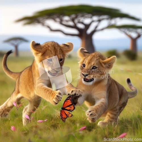 Image of two lion cubs playing and learning to hunt