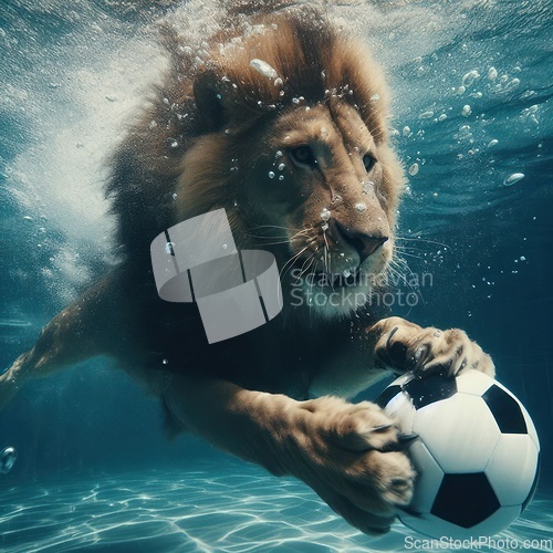 Image of lion getting ball swimming underwater