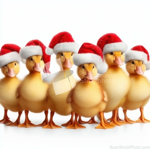 Image of cute fluffy ducklings with santa hats on white 3d art generative