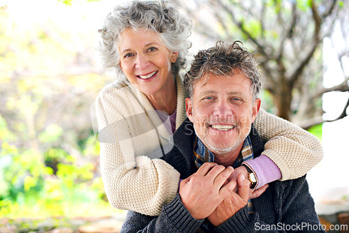 Image of Happy, portrait and senior couple hug outdoor with love on holiday or relax on vacation in retirement. Elderly, man and woman in embrace in backyard or garden of home with care or support in marriage