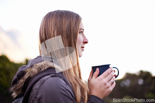 Image of Hiking, thinking and woman drinking coffee in nature on vacation, adventure or travel in the morning with mockup space. Dream, tea cup and person trekking outdoor or planning on holiday in winter