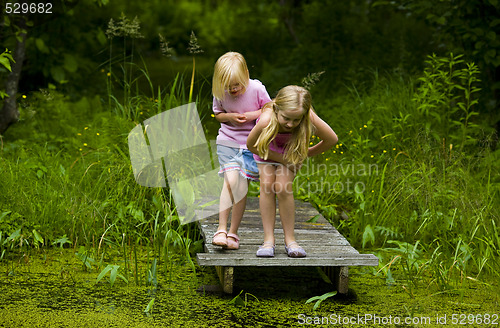 Image of Sisters Exploring Pond