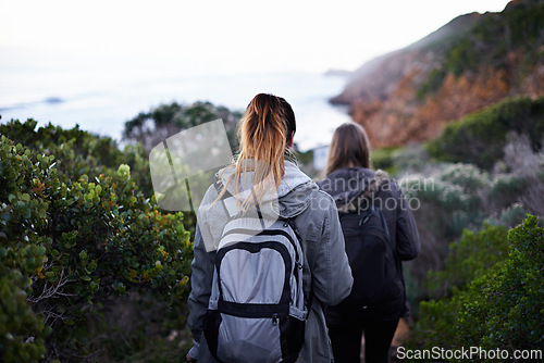 Image of Women, friends and hiking mountain or trekking environment for holiday vacation, adventure or backpacking. Female people, back and explore walking for healthy training or outdoor, exercise or bush